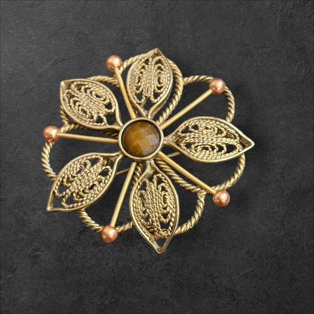 Vintage Floral Filigree Brooch Gold Tone 1.75in Faux Tiger Eye Center