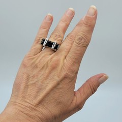 Vtg Ring Sz 7 Lg Black Cubic Zirconia Jewelry 18K GE White Gold Electroplate