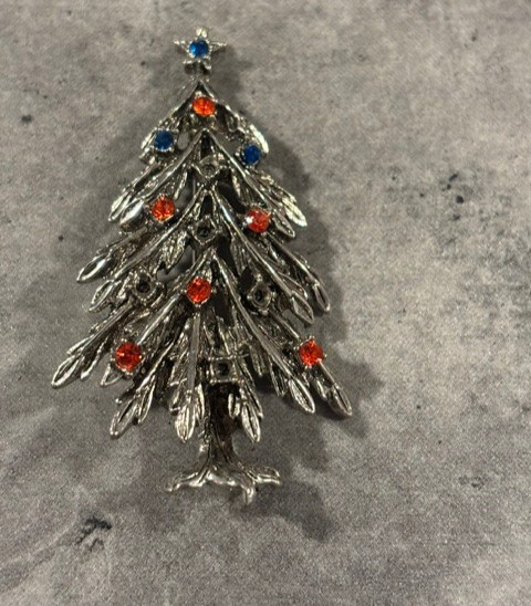 Vintage ART Blue and Orange Rhinestone Christmas Tree Brooch