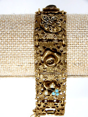VTG Goldette NY Filigree Link Bracelet w/Cameo/Stone Accents 7″ X 3/4″ EUC