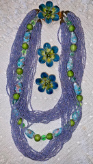 ORIGINAL by ROBERT Mauve MULTI-STRAND Beaded NECKLACE & EARS w/ENAMELED FLOWERS