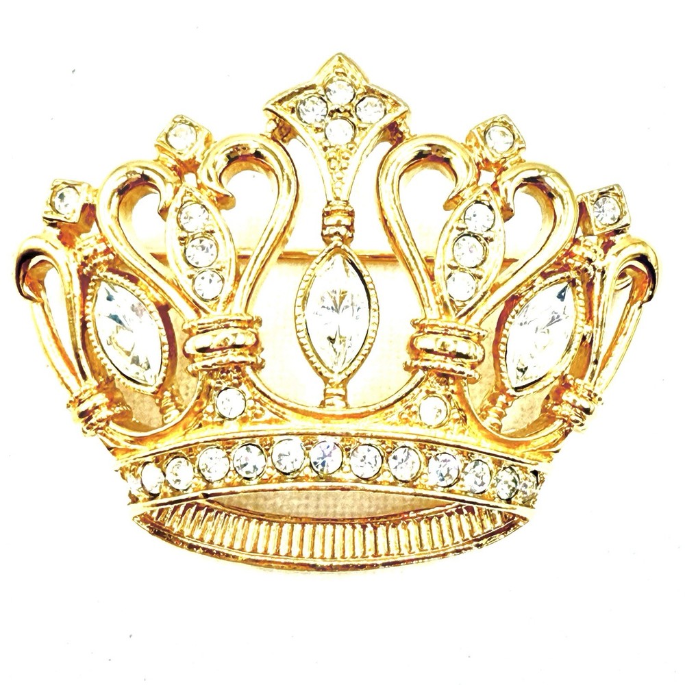 Vtg Kenneth J Lane Avon GoldTone Brooch Pin Adorned W/Clear RS Openwork Crown I