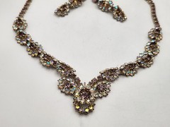 Vintage Light Purple Lilac & AB Rhinestone Necklace & Screwback Earrings Set