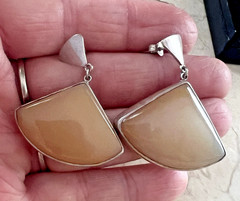 Vintage 950 Sterling Silver Fan Agate Stone Drop Dangle Earrings