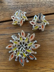Silver Tone Flower Brooch & Earrings Set Yellow Orange Clear Rhinestones