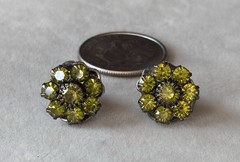 vintage olive green rhinestone cluster stud earrings for pierced ears