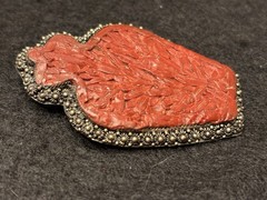 HUGE VINTAGE CHINESE EXPORT CARVED CINNABAR SILVER WASH ORNATE PIN *21.5 gm*
