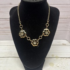 VTG Signed Barclay Necklace & Screw Earrings Set Gold Tone Rhinestone Flower