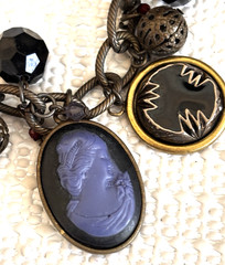 Vtg. Victorian Style Necklace Star Pendant Cameo Charms Black Glass Beads Brass