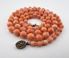 Vintage Chinese Silver Angel Skin Carved Round Bead Knotted Necklace 24″ -36.8g