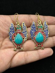 Vintage Tibetan Nepalese Unique Brass Bird Earring With Coral & Turquoise Stone
