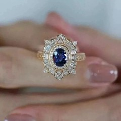 Art Deco Style Oval Sapphire Lab Created Diamond 14K Yellow Gold FN Wedding Ring