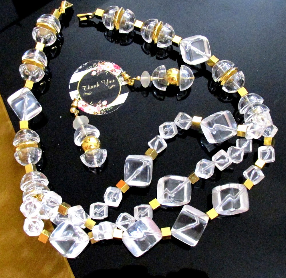 Vtg Runway Rare Modernist NAPIER “Crystal Ice” Resin 3 Strand Necklace Earrings