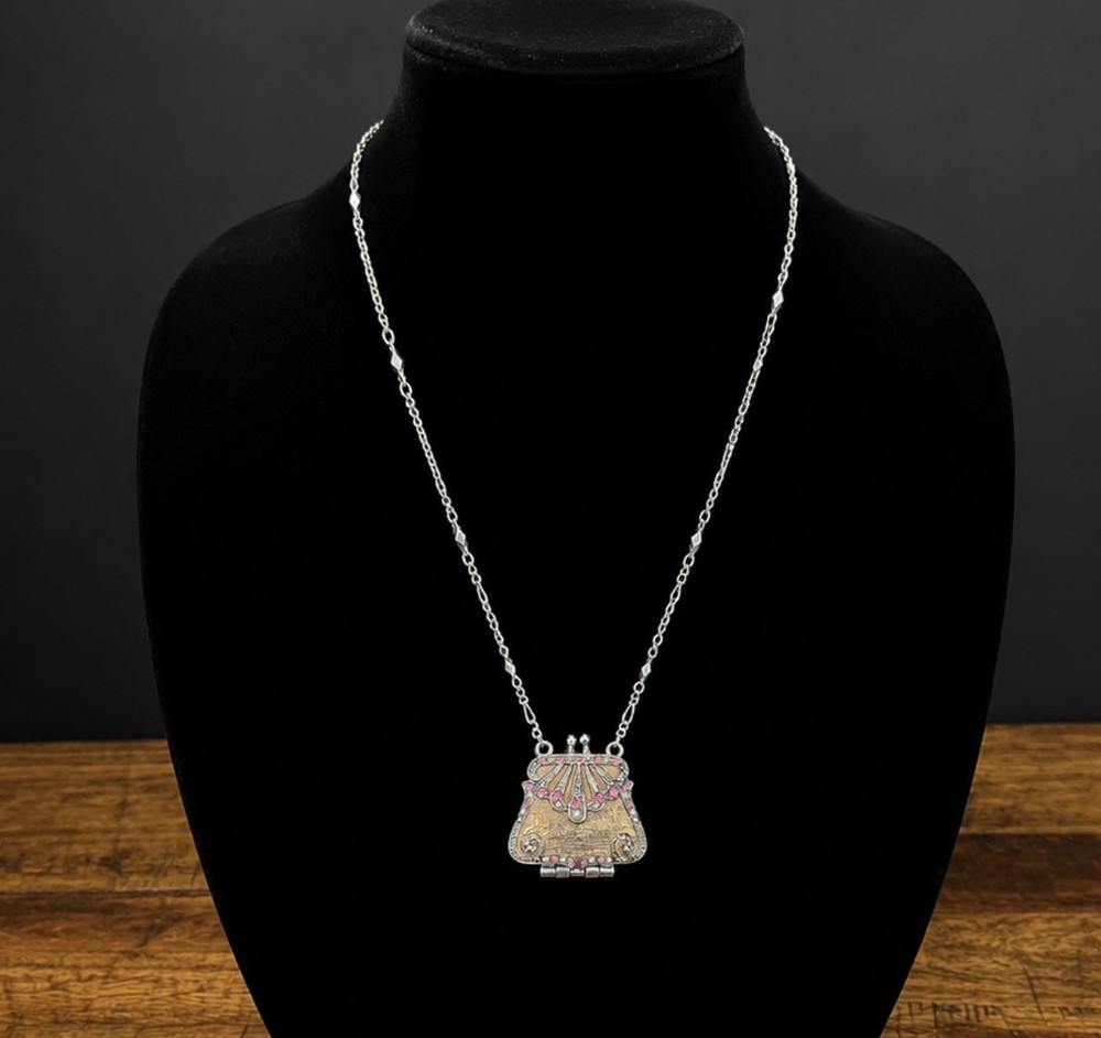 Vintage VCLM Enamel and Rhinestone Handbag Purse Locket Chain Necklace