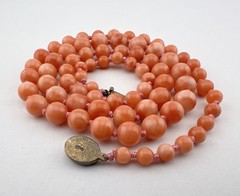 Vintage Chinese Silver Angel Skin Carved Round Bead Knotted Necklace 24″ -36.8g