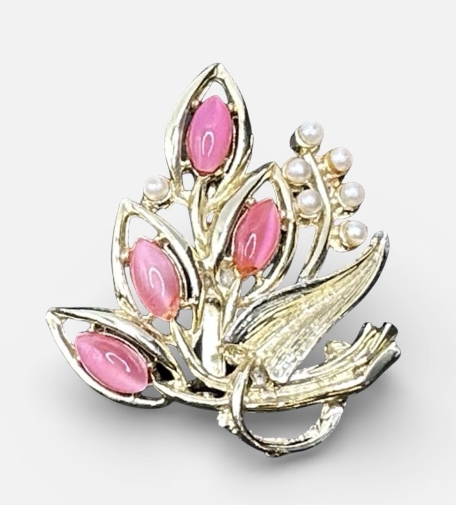 Vintage Pink Rhinestone Flower Brooch Pin J29B