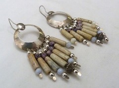 3 1/8″ LONG VTG SOUTHWEST STERLING SILVER BLUE LACE AGATE JASPER BEAD EARRINGS