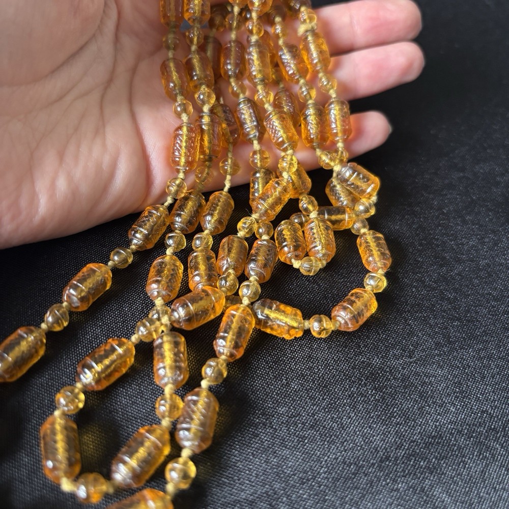 Antique Amber Honey Molded Czech Glass Bead Necklace Hand Strung Knotted Flapper