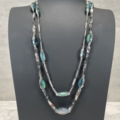 Coldwater Creek Double Strand Station Silver Tone & Green Mood Stones Necklace