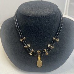 Vintage Black Bead Double Strand Dangle Pendant Gold Tone Choker Necklace