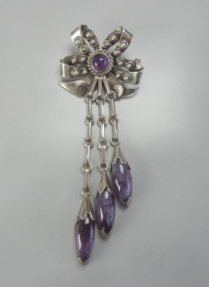 Mexico 3 1/4″ Brooch Sterling Silver Amethyst Long Dangles Vintage 1940s Taxco