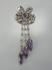 Mexico 3 1/4″ Brooch Sterling Silver Amethyst Long Dangles Vintage 1940s Taxco