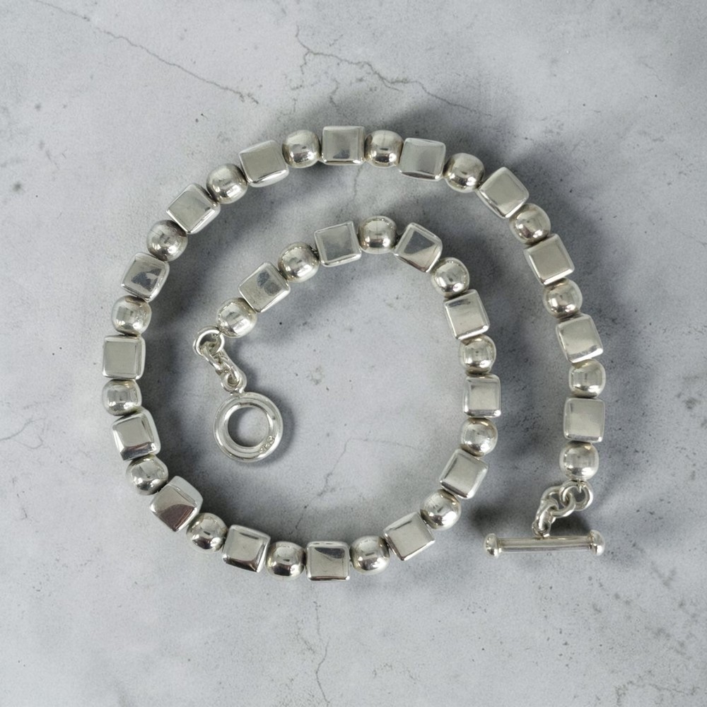 ​Heavy VTG Sterling Silver Geometric Cube Block Sphere Toggle Collar Necklace 16
