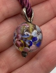 Art Glass Floral Bead Pendant Necklace 18” Blue White