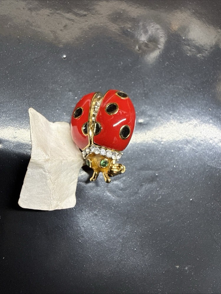 Vintage St. John Gold Tone Red Enamel Green Eyed Bug Pin 23mm, 6.7g