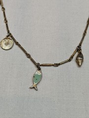 Vintage Fish & Shell Charm Necklace Enamel Cruise Coastal Beach Jewelry ~30″