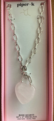 Piper.k Rose Quartz heart pendant necklace 16”+3”silver tone leadsafe nickelfree