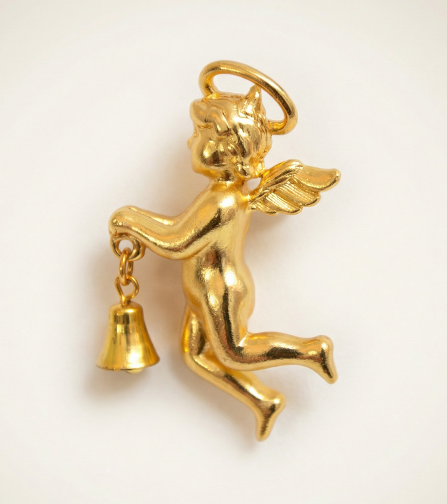 Vintage VERO Signed Gold Cherub Angel Brooch Pin with Dangling Bell 2″