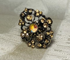 Vintage Aurora Borealis Rhinestone Ornate Statement Cocktail Ring Adjustable
