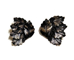 Vintage Clip On Earrings Leaves Clustered Black Gold Tone 2 Inches X 2 Inches