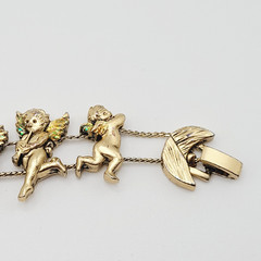 Cherub Angels Iridescent Glitter Wings Gold Tone Vtg Slide Bracelet 7.5 Inch