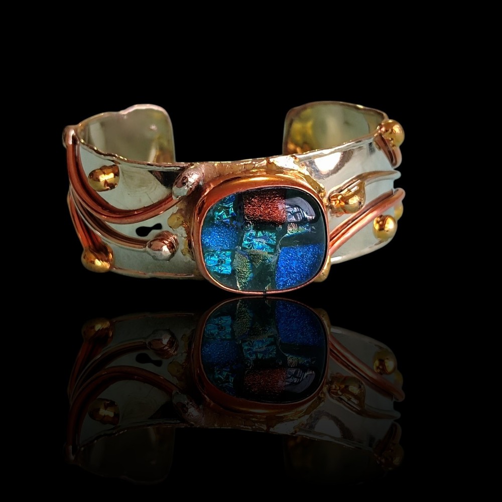 7.5in Copper Brass Modernist Brutalist Dichroic Glass Cuff Bracelet Industrial