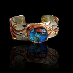 7.5in Copper Brass Modernist Brutalist Dichroic Glass Cuff Bracelet Industrial