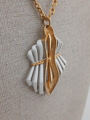 RARE J.J Gold Tone White Enamel Geometric Art Deco inspired pendant necklace
