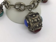 MCM VTG Etruscan Mediterranean Silver 800? Charm Bracelet 54g 8.5″ Turquoise