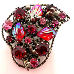 Vintage AUSTRIAN Pink and Red HEART BROOCH – Star – Carved AB Stones – 2 inches