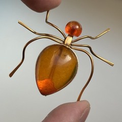 Vintage 70s Russian USSR Baltic Amber Ant Insect Bug Spider Gold Plate