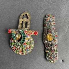 Vintage 1930s Art Deco Czech Rainbow Rhinestone Bar Brooch & Dress Clip Lot
