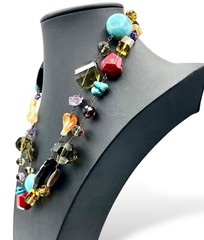 Vintage BOHO STATEMENT Necklace Multi Gemstones MOP Turquoise Etc 41” Fabulous!