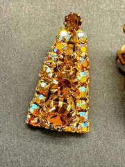 Vintage 1960s Amber & Topaz Rhinestone Bow Brooch and Clip-On Earrings Set
