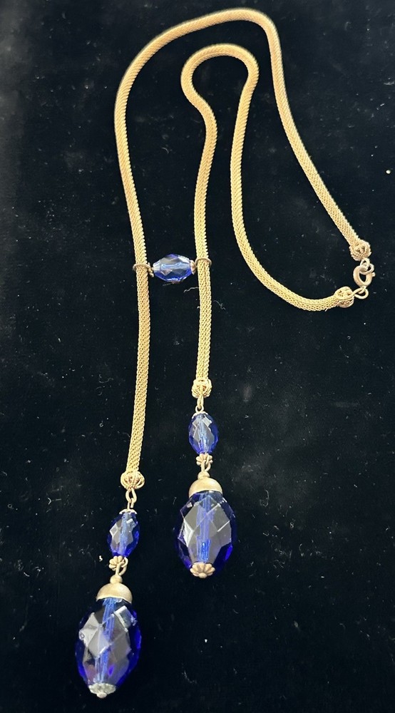 Victorian Vintage Gold Tone Mesh Chain Blue Glass Bead Slide Lariat Necklace