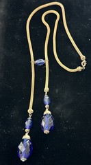 Victorian Vintage Gold Tone Mesh Chain Blue Glass Bead Slide Lariat Necklace