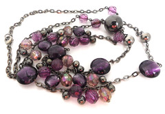 Purple Beaded Station Necklace Art Glass A/B Acrylic Beads Gunmetal Flapper 36″