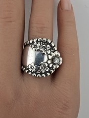 Nice Wide Vintage Rogers Silver Plate Forget Me Not Spoon Ring With CZ Sz 8.25