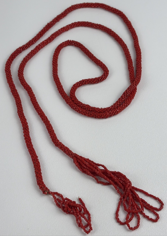 Antique Art Deco Flapper Necklace Seed Beed Tassel 1920’s 54″ Orange/Red Sautoir