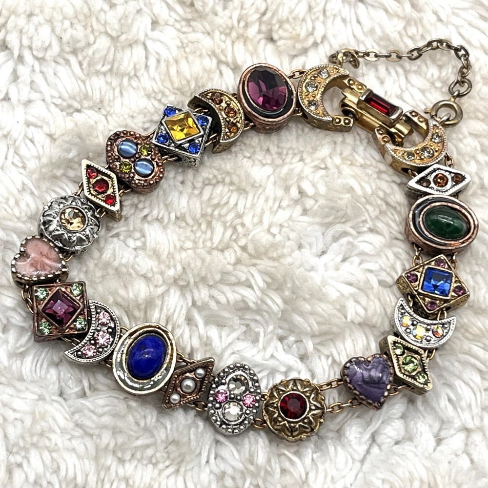 Vintage Slider Charm Bracelet Multicolor Jewels Fits 6.5″ Wrist 7″
